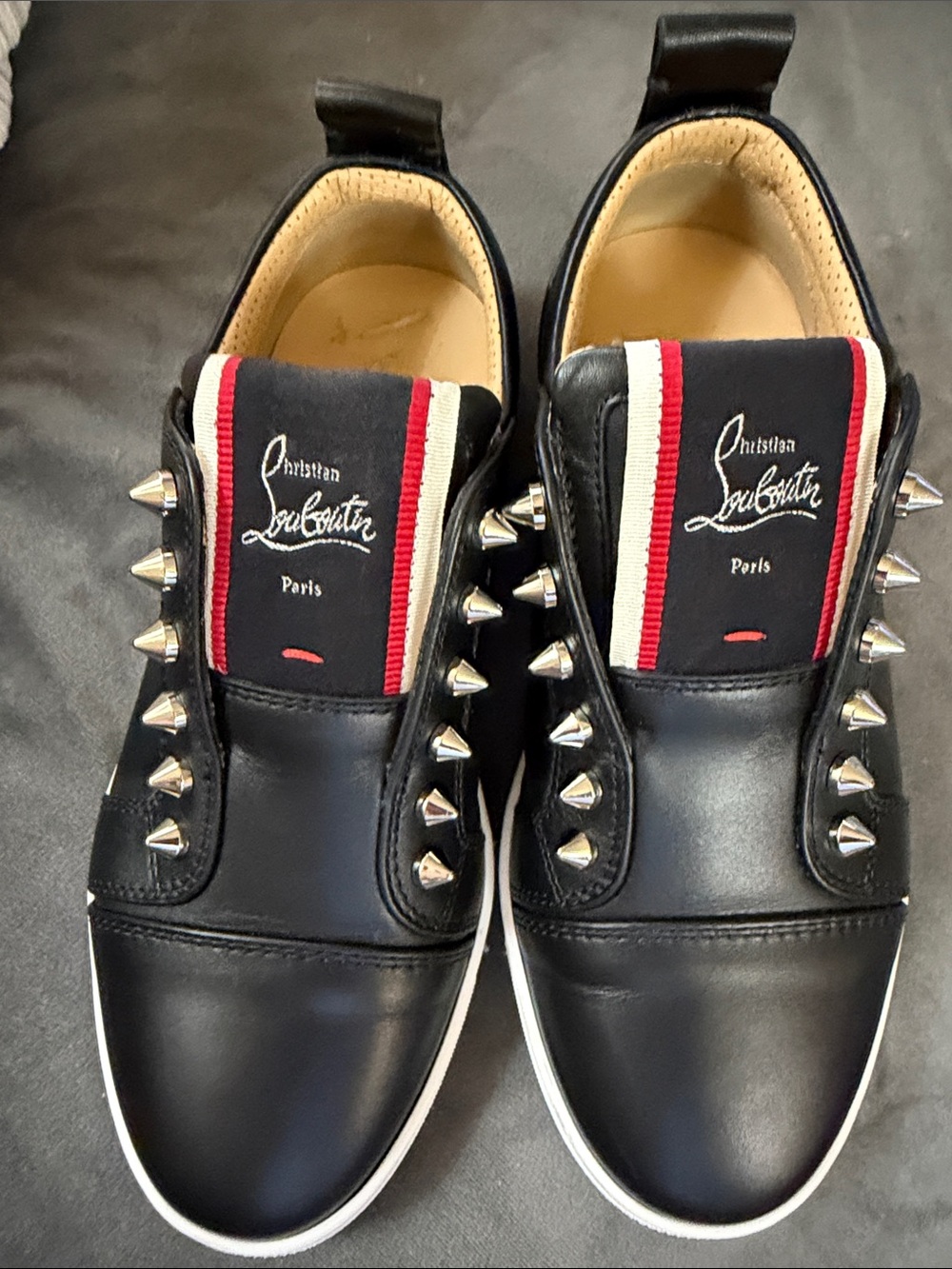 Christian Louboutin Women’s Black Leather Spike Slip-On Sneakers